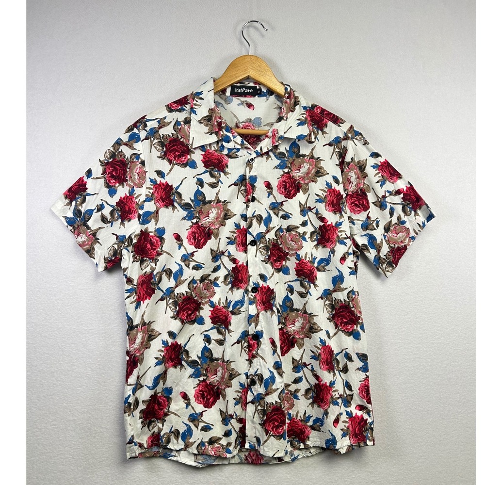 VatPave Floral Shirt Mens Medium Short Sleeve White Red Blue Roses‎ Button Up